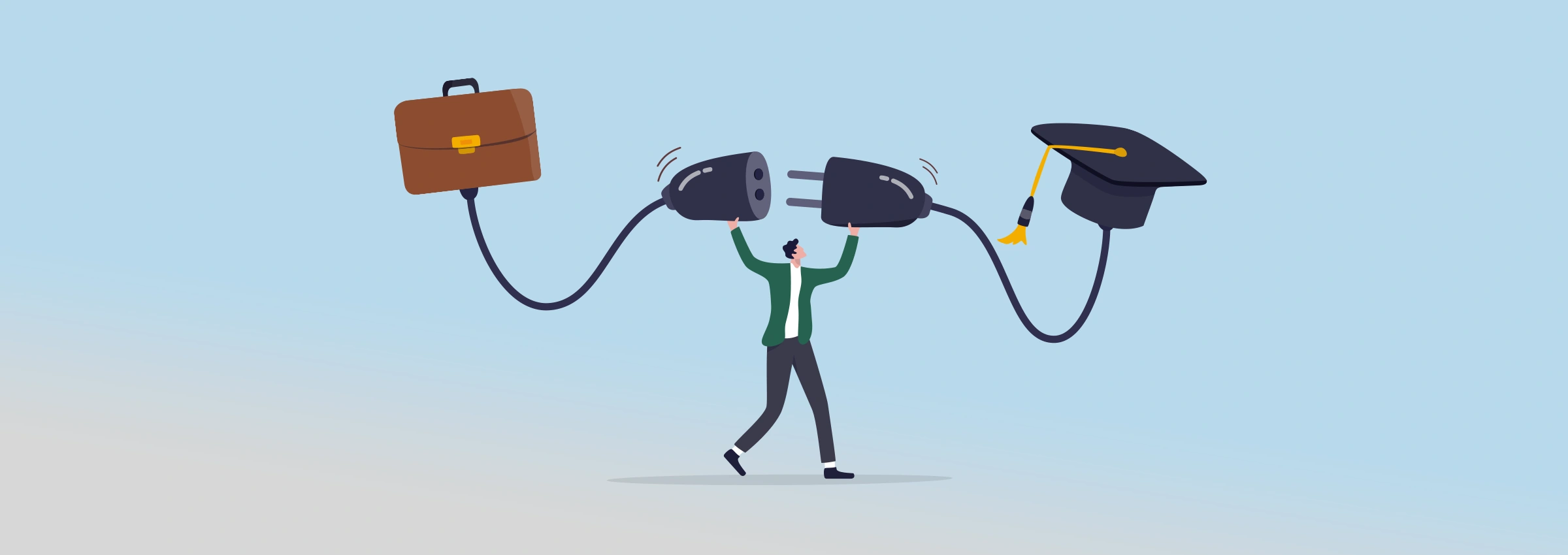 Graphic design of a individual trying to connect a briefcase with a plug socket to a graduation cap that features a plug.