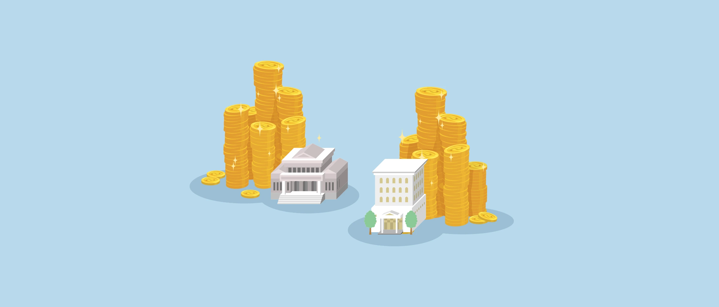 University buildings with gold coins in the background graphic.
